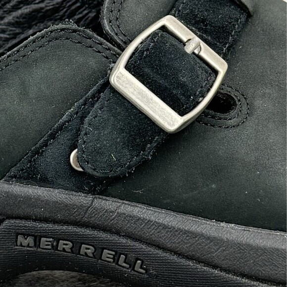 Merrell Encore Buckle Black Nubuck Leather Slip On Mules Clogs Shoes Womens 8.5 - Picture 11 of 12